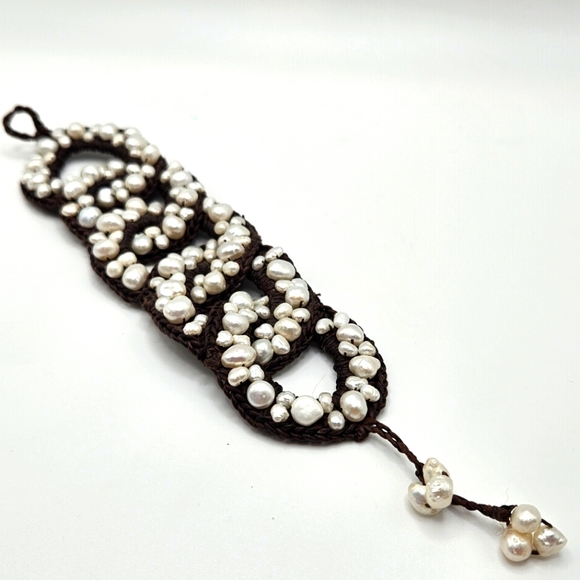 VINTAGE Unique Handmade Woven Wide Bracelet Freshwater Pearls - Picture 4 of 8